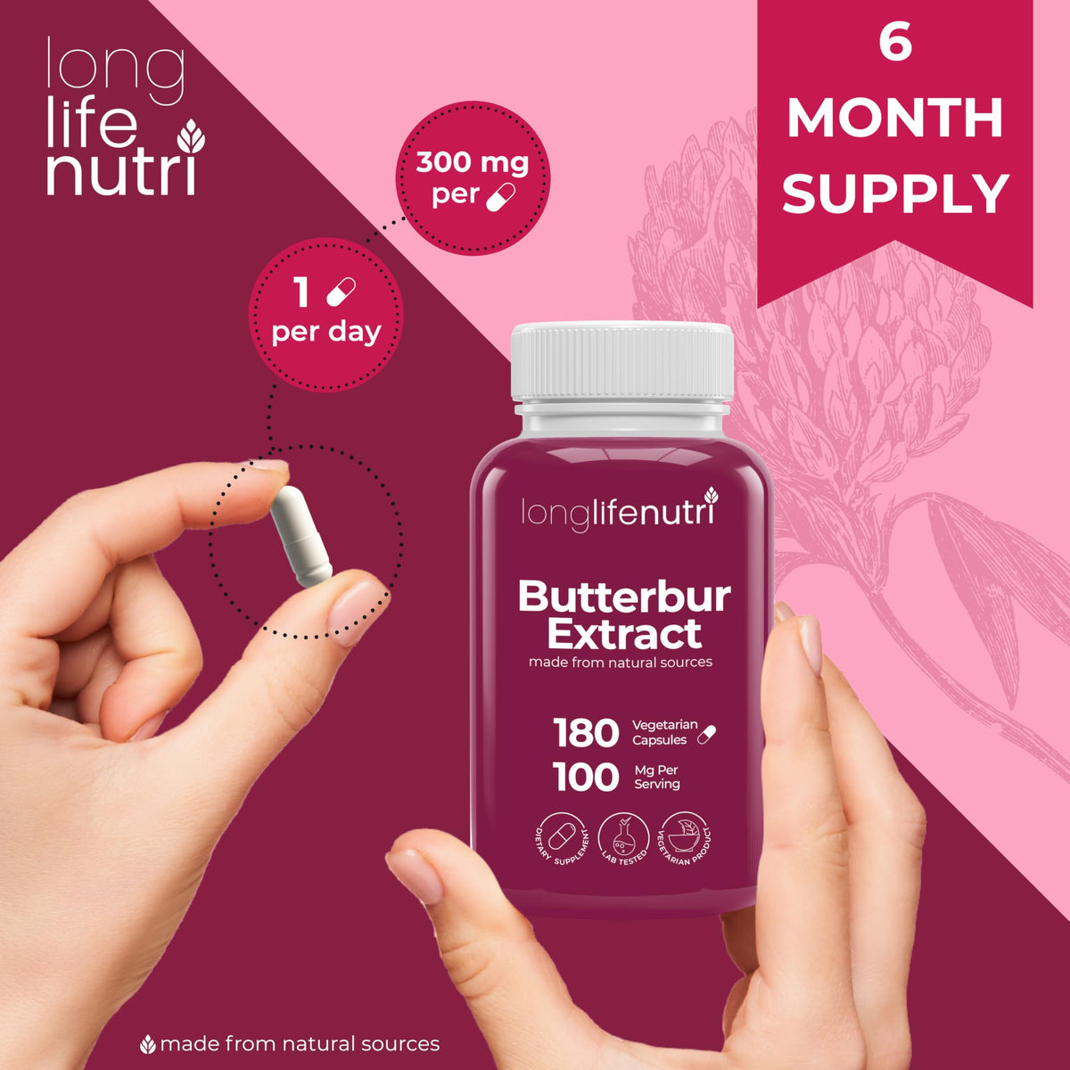 LongLifeNutri Butterbur Extract 100mg - 180 Vegetarian Capsules - image 5