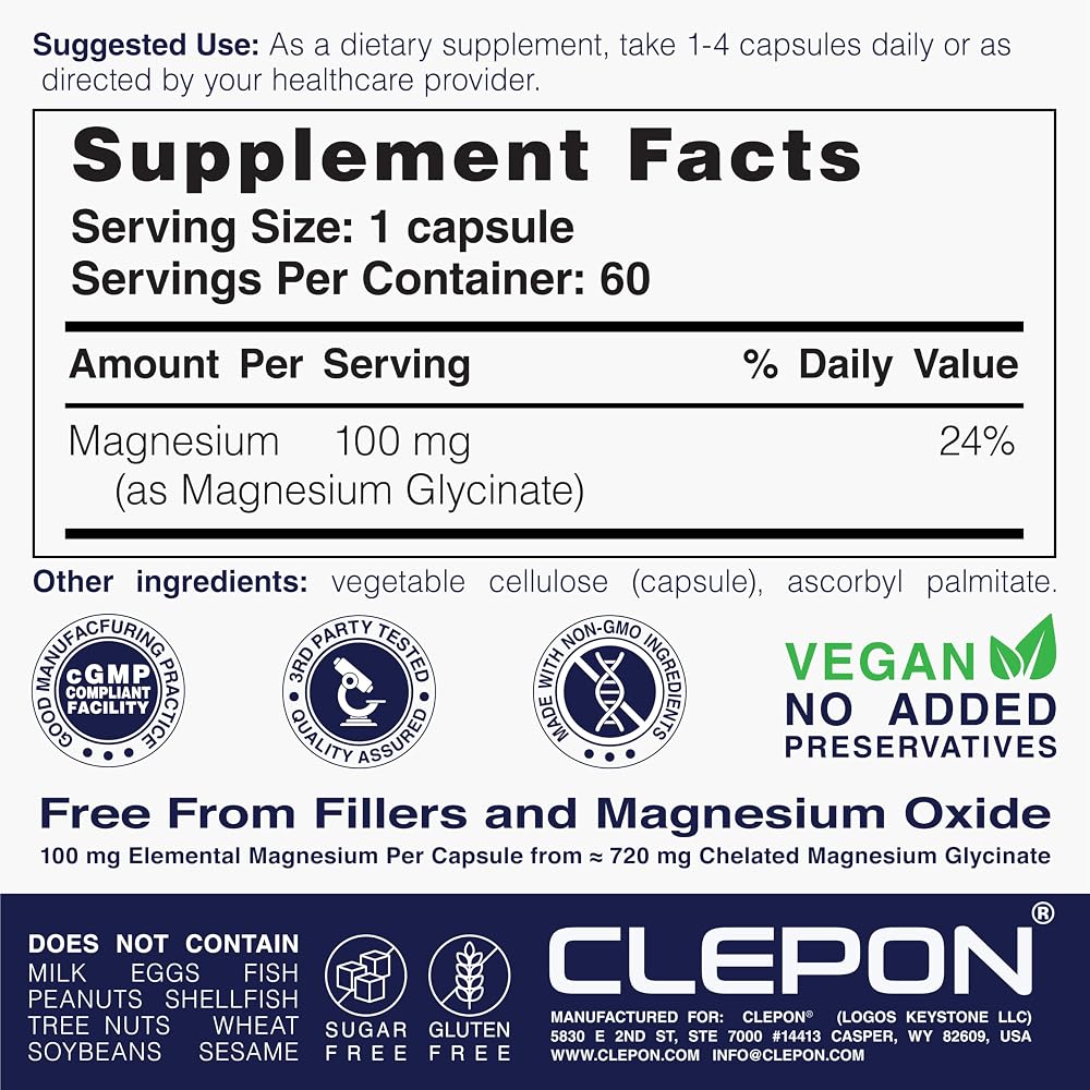 CLEPON Magnesium Glycinate 100mg for Sleep & Relaxation - 60 Capsules - image 4
