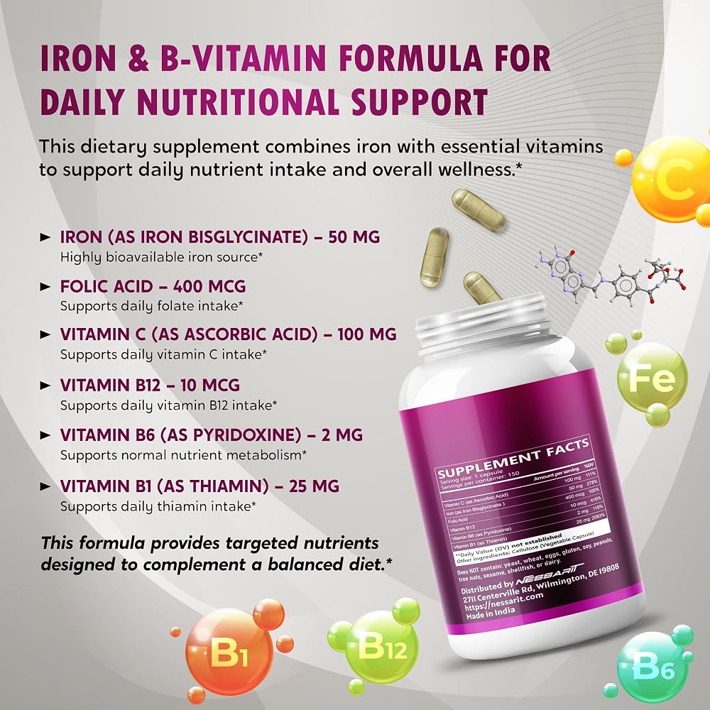 Nessarit Natural Iron Bisglycinate 50 mg with Vitamin C - 150 Capsules - image 4