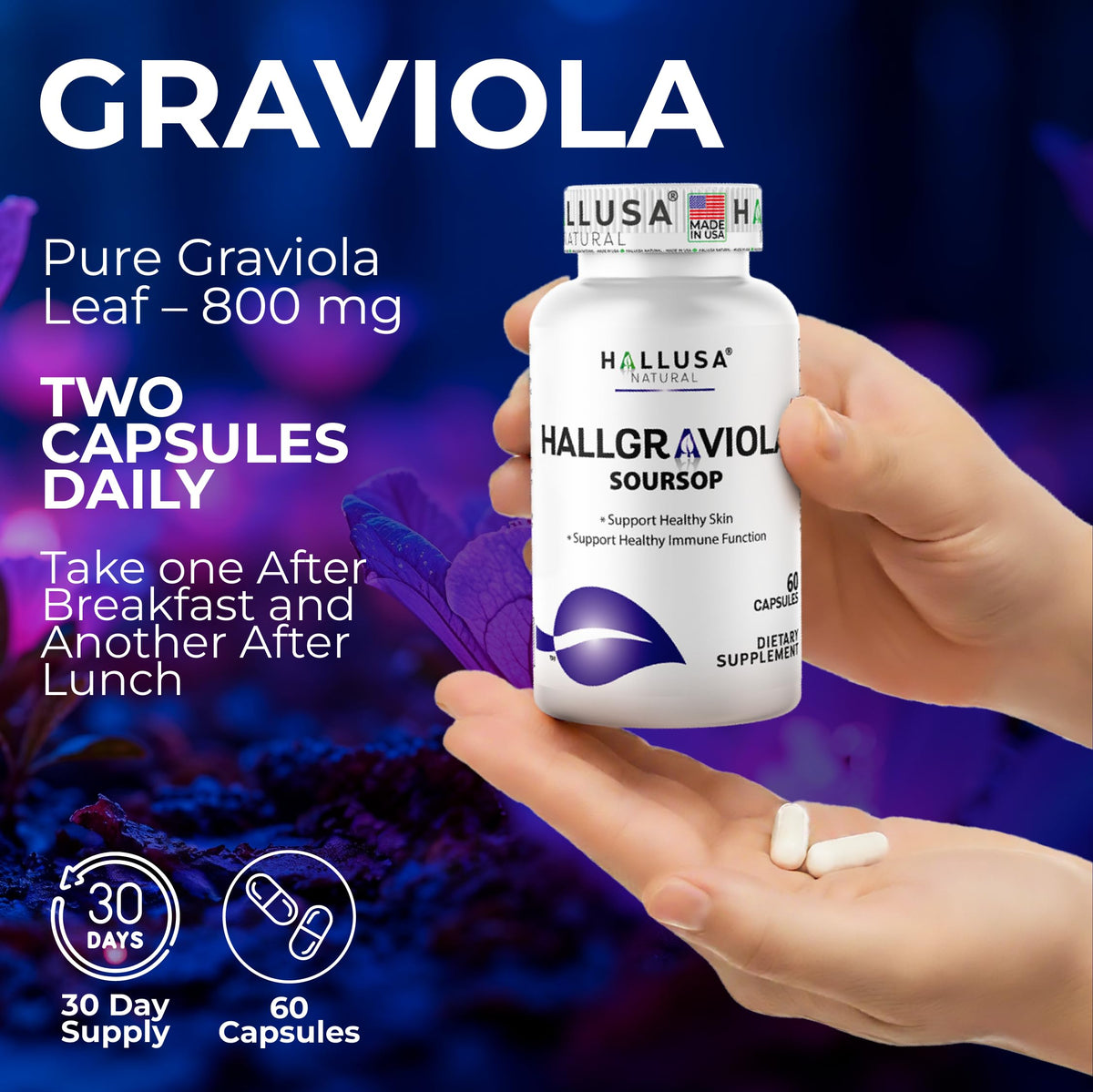 Hallusa Natural Graviola Leaf Immune & Skin Support - 60 Capsules - image 4
