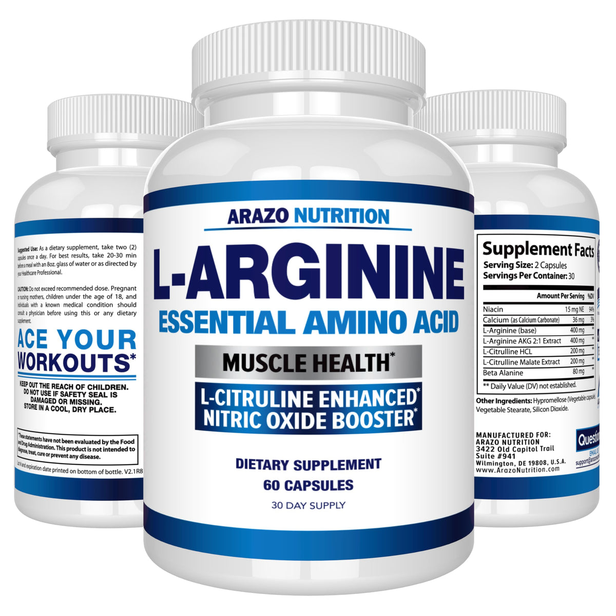 Arazo Nutrition L-Arginine 1340mg Nitric Oxide Booster - 60 Capsules - image 4