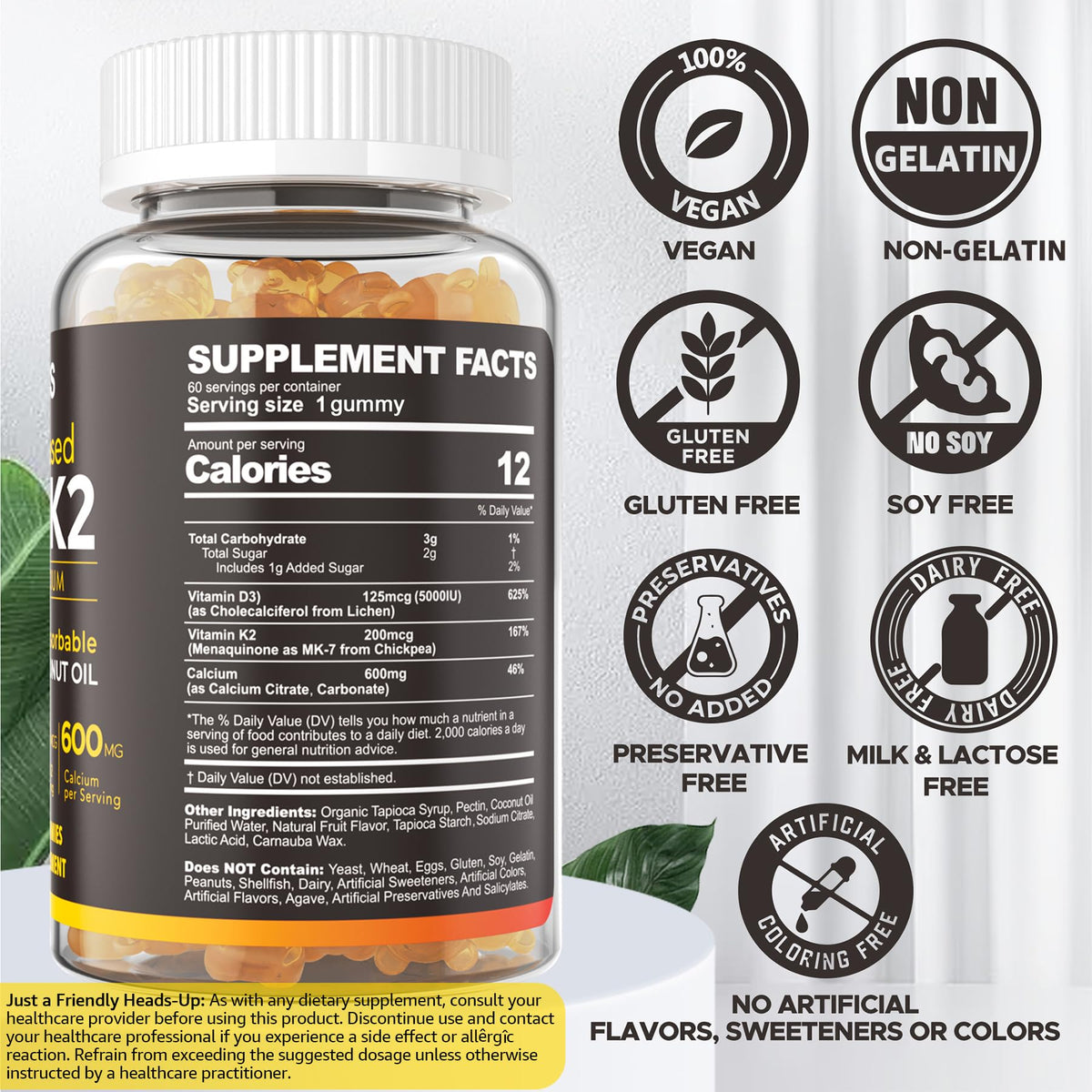 NEVISS Vitamin D3 K2 Gummies with Calcium - Vegan D3 5000 IU + K2