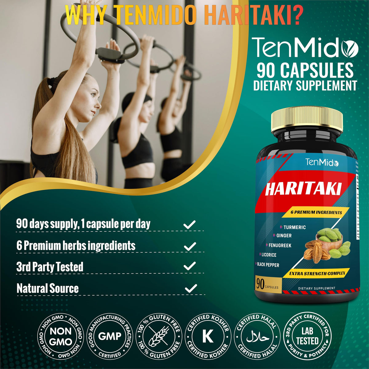 Tenmido Haritaki Extract with Turmeric & Ginger - 90 Capsules - image 8