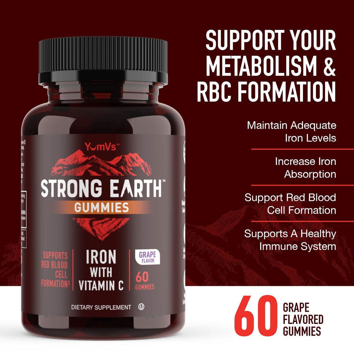 YUM-V'S Strong Earth Iron Gummies with Vitamin C - 60 Count - image 2