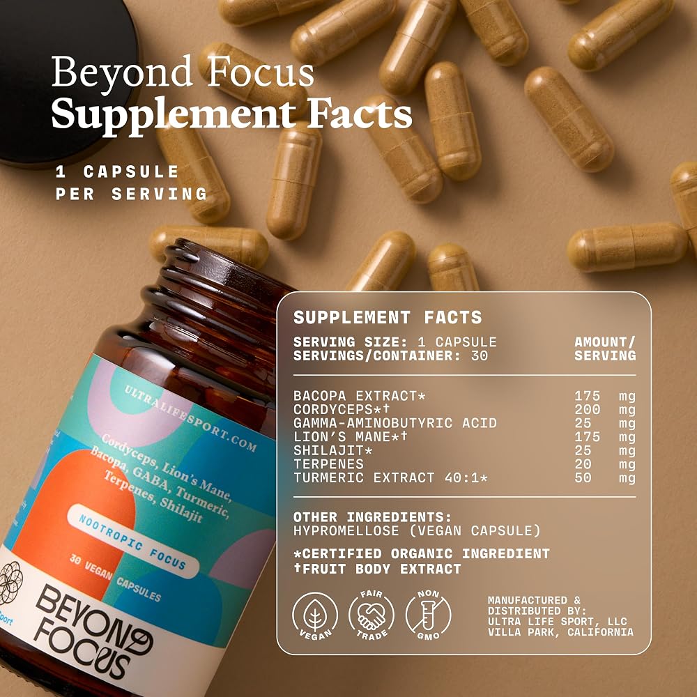 Ultra Life Sport Beyond Focus Organic Mushroom Supplement - 30 Capsules - image 2