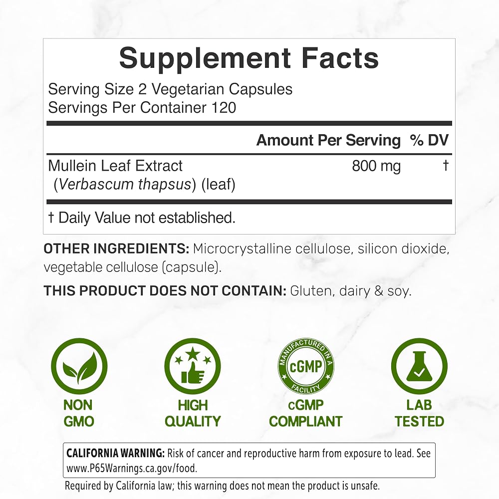 DEAL SUPPLEMENT Mullein Leaf Extract 800mg - 240 Vegetarian Capsules - image 2
