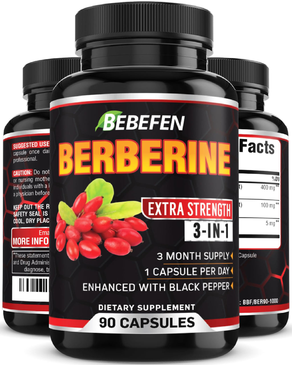 BEBEFEN Berberine Capsules with Black Pepper Extract - 90 Capsules