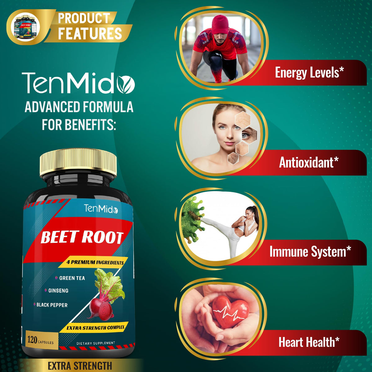 Tenmido Beet Root Extract Capsules Energy Support - 120 Count - image 4