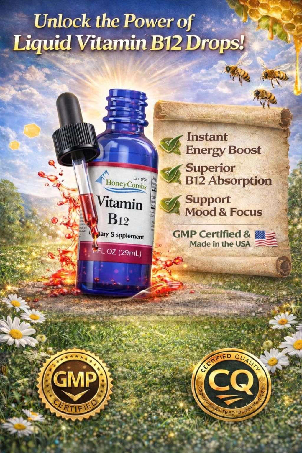 HoneyCombs Vitamin B12 Cyanocobalamin Liquid Drops - 36 Servings - image 3