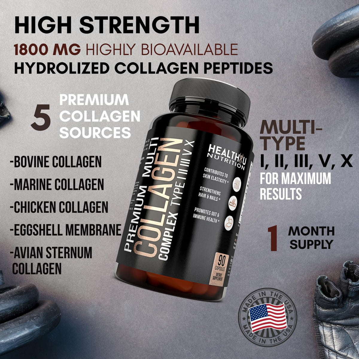 HEALTHYU NUTRITION Multi Collagen Peptides Types I II III V X - 90 Capsules - image 2