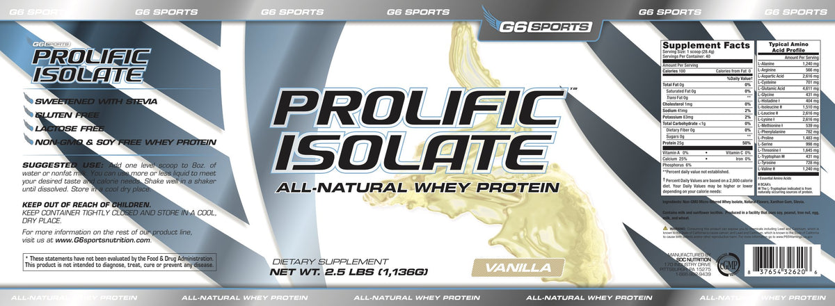 G6 Sports Prolific Whey Protein Isolate Vanilla - 2.5 lb - image 4