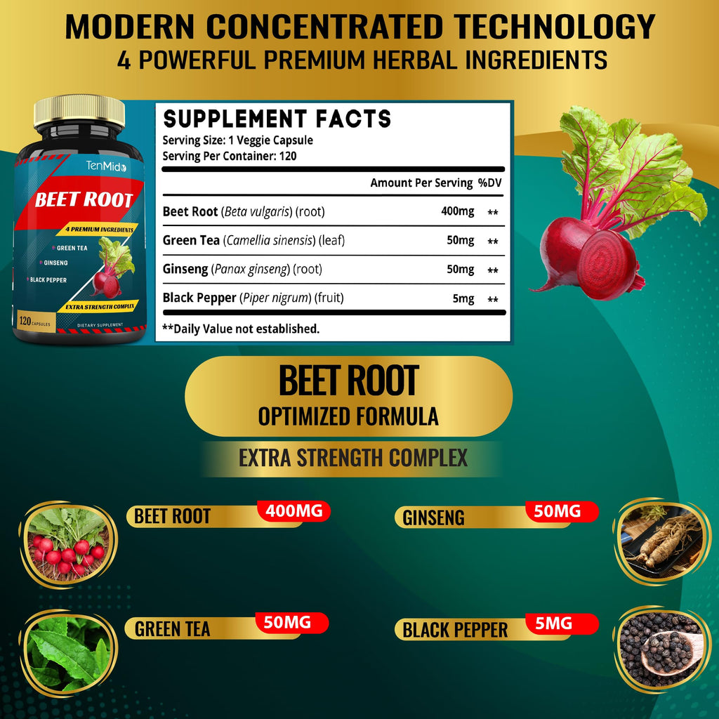 Tenmido Beet Root Extract Capsules Energy Support - 120 Count - image 3