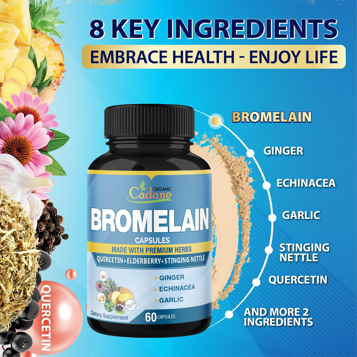 Organic Cadane Bromelain Capsules with Quercetin & Elderberry - 120 Capsules - image 5