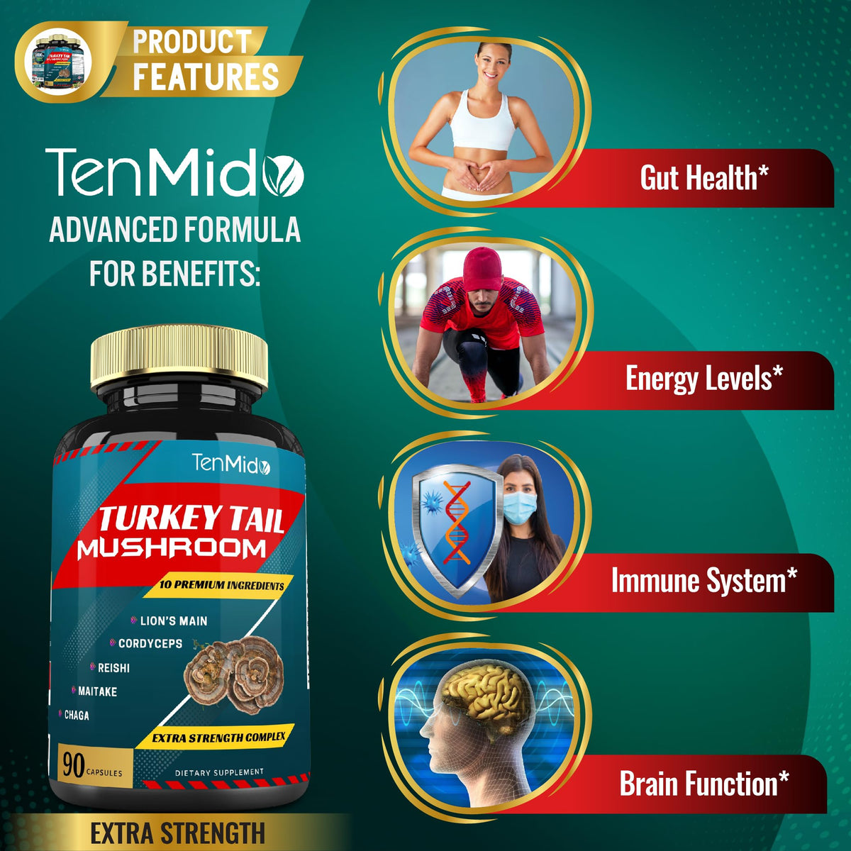 Tenmido Turkey Tail Mushroom Supplement with Lion's Mane - 90 Capsules - image 5