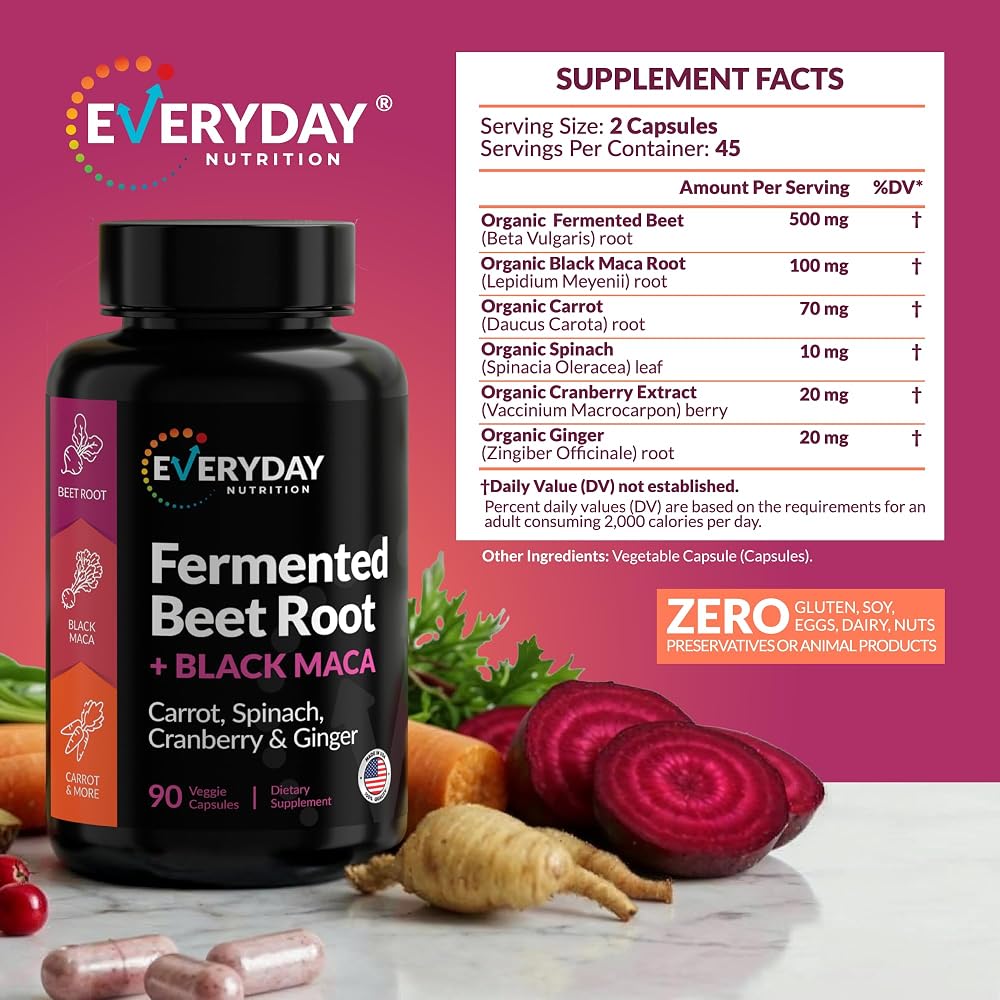 EVERYDAY NUTRITION Organic Fermented Beet Root & Black Maca - 90 Capsules - image 4