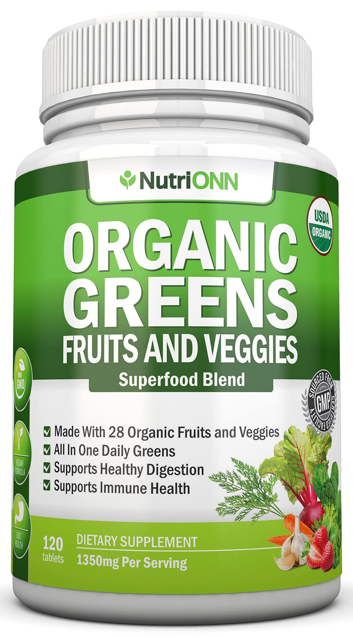 NutriONN Organic Super Greens Capsules - 120 Count