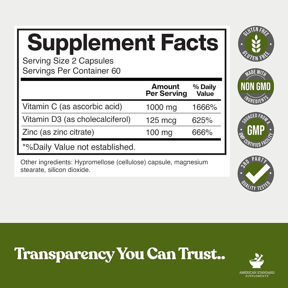 American Standard Supplements Zinc 100mg Vitamin C 1000mg - 120 Capsules - image 2