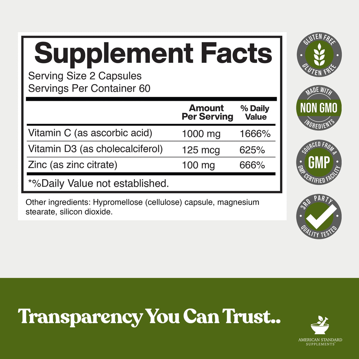American Standard Supplements Zinc 100mg Vitamin C 1000mg - 120 Capsules - image 2