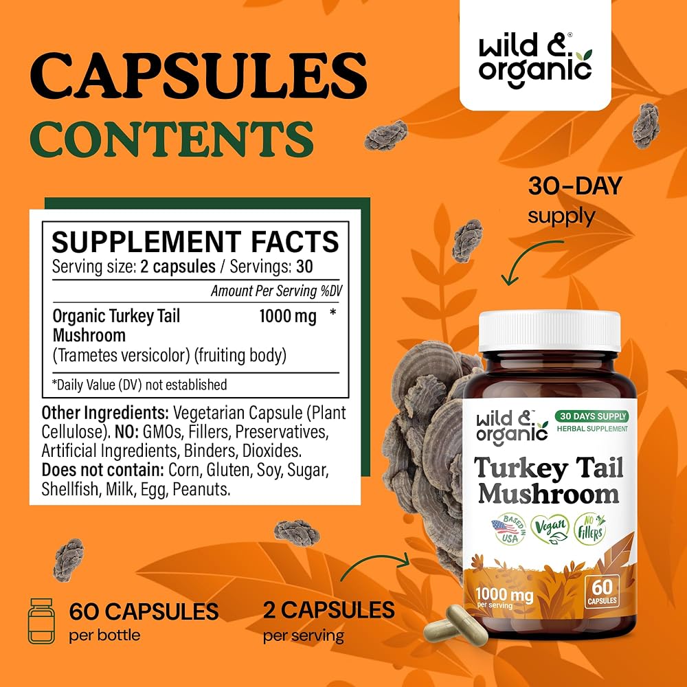 Wild & Organic Turkey Tail Mushroom Capsules 1000 mg - Immune Support
