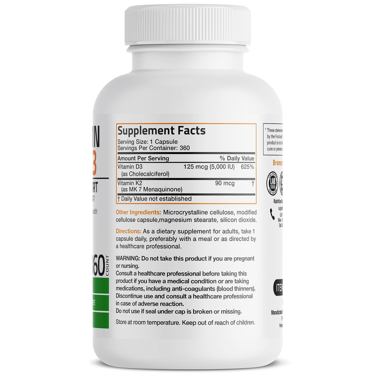Bronson Vitamin K2 D3 (MK7) Supplement - 360 Capsules - image 2