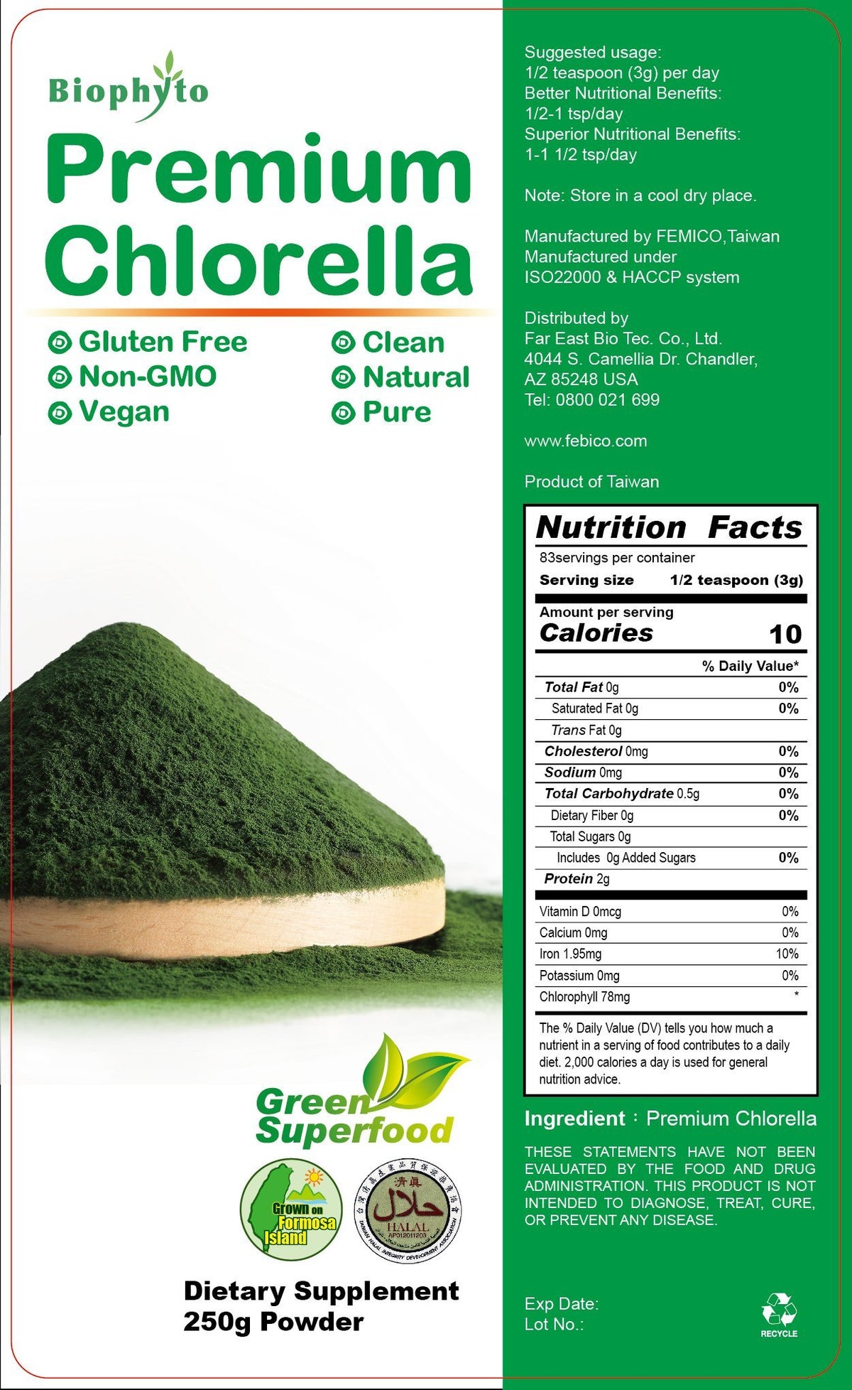 FEBICO Biophyto Chlorella Powder Cracked Cell Wall - 250g - image 2