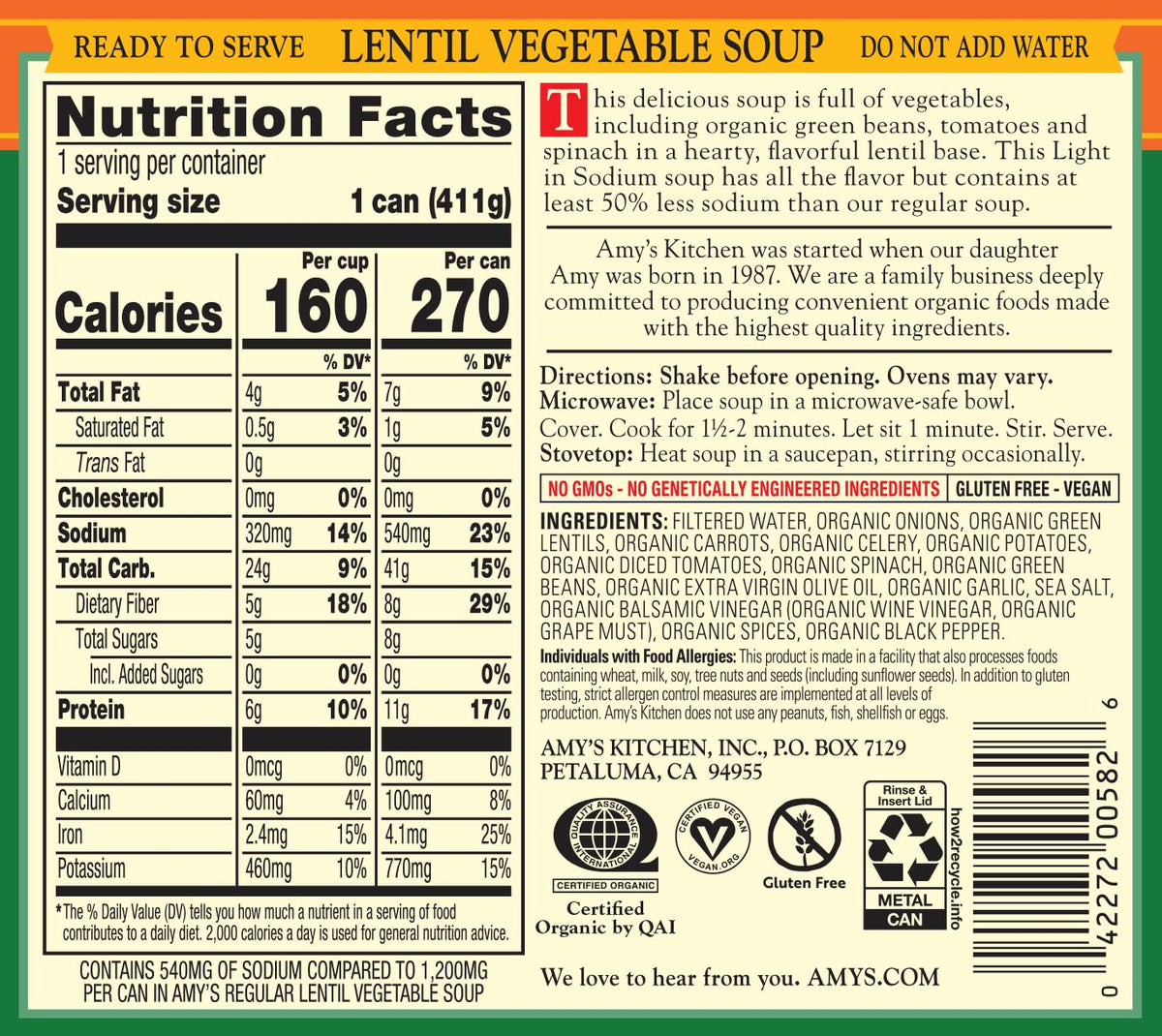 Amy's Organic Light in Sodium Lentil Vegetable Soup - 12 Pack - image 2
