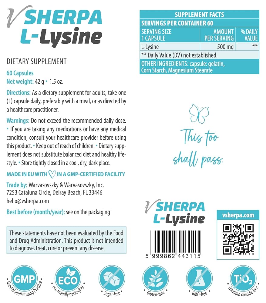vSherpa L-Lysine 500 mg Amino Acid Supplement - 60 Capsules - image 5