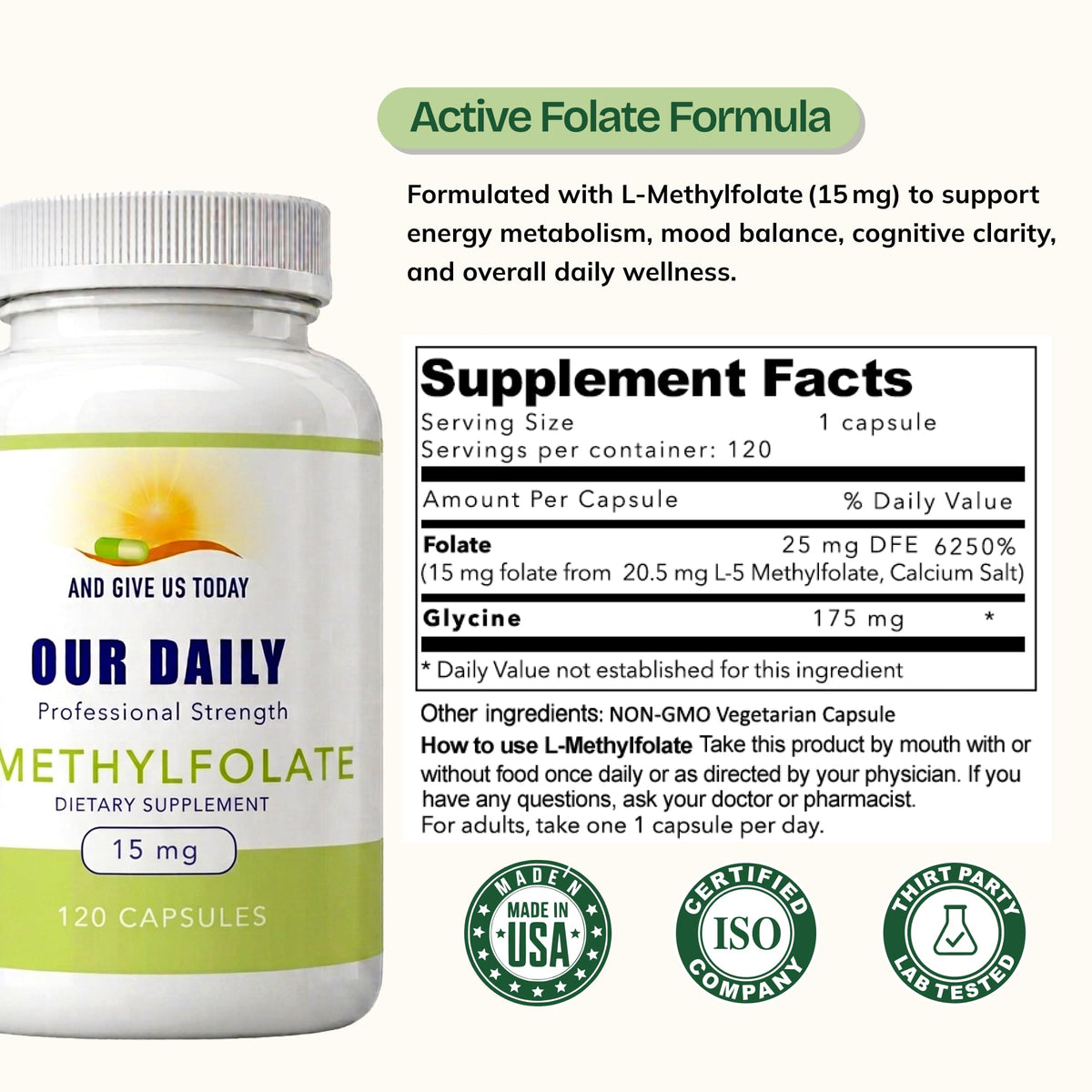 AND GIVE US TODAY OUR DAILY L-Methylfolate 15 mg / 15000 mcg Maximum