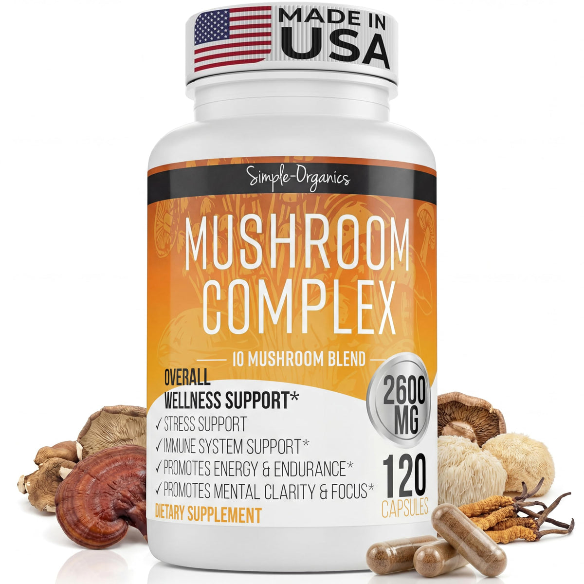 Simple-Organics 10 Mushroom Brain Supplement for Memory & Focus - 120 Capsules