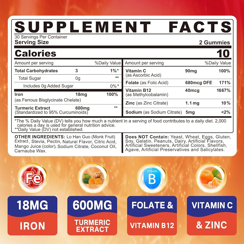 NEVISS Iron Gummies Supplement with Vitamin C, B12, Folate & Turmeric