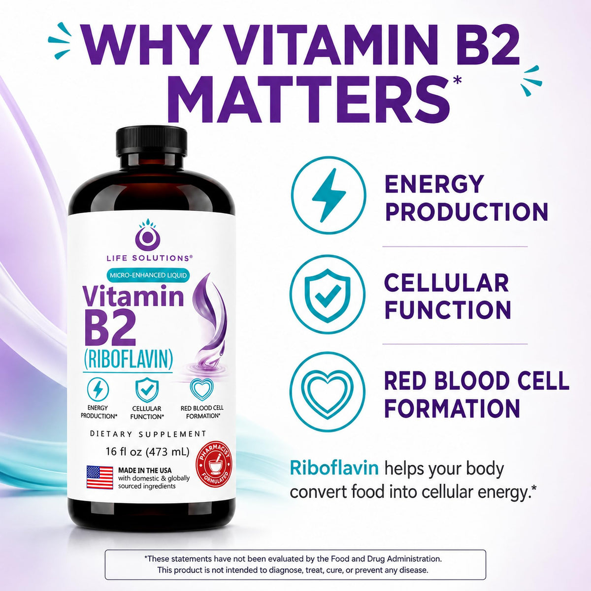 Life Solutions Vitamin B2 Riboflavin Liquid 50 mg - 16 Fl Oz - image 2