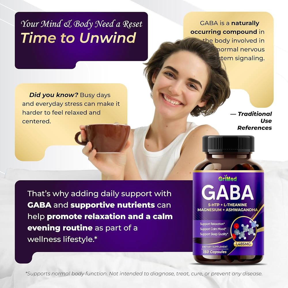 GriMed GABA 1485mg 8-in-1 with 5-HTP & Ashwagandha - 150 Capsules - image 3