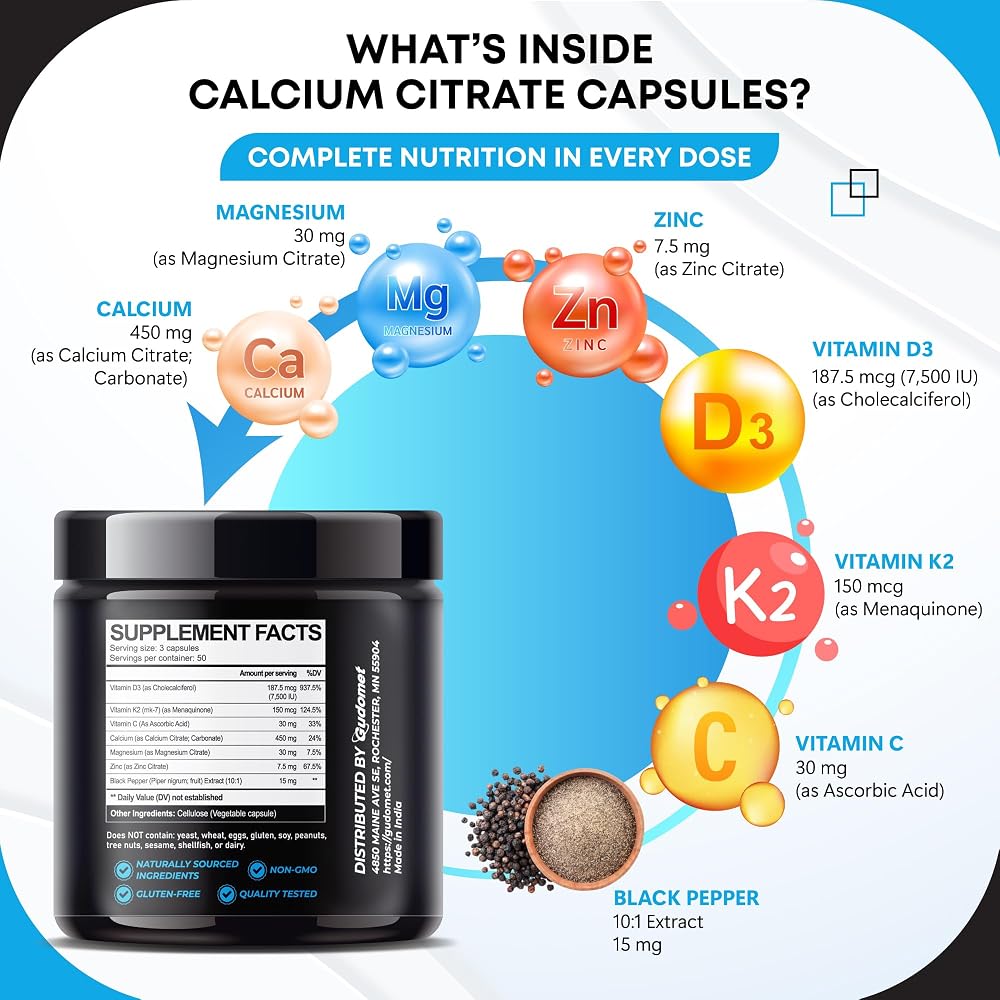 GUDOMET Calcium Citrate with D3 K2 Magnesium & Zinc - 150 Capsules - image 4