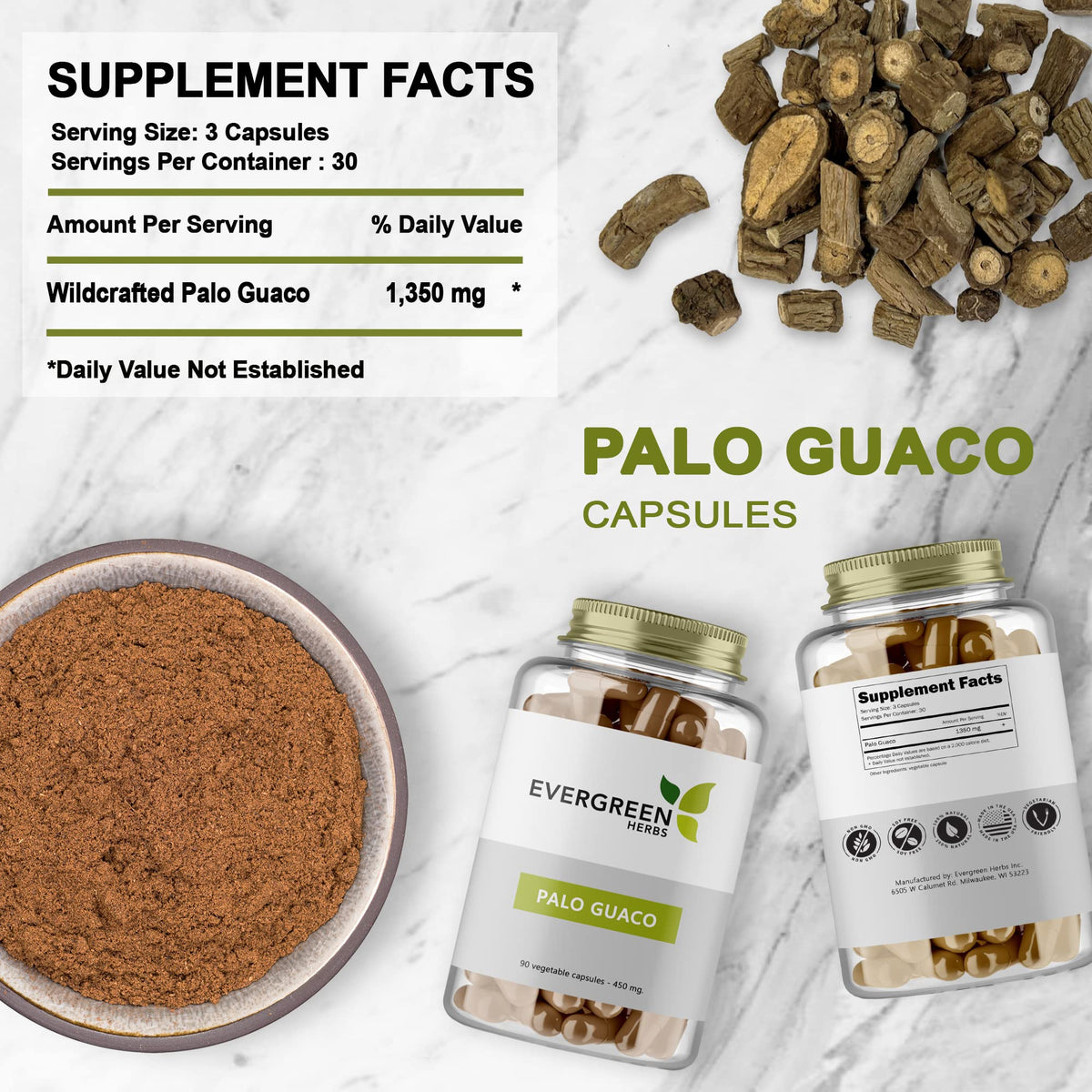 Evergreen Herbs Palo Guaco - Resealable Stand Up Pouch to Ensure