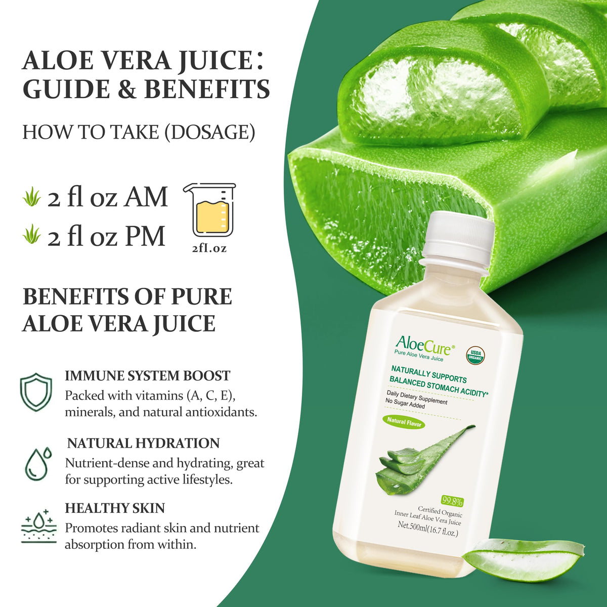 AloeCure USDA Organic Aloe Vera Juice Digestive Support - 2 x 500ml - image 9