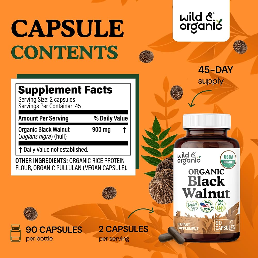 Wild & Organic USDA Organic Black Walnut Capsules 900 mg - Detox - image 3
