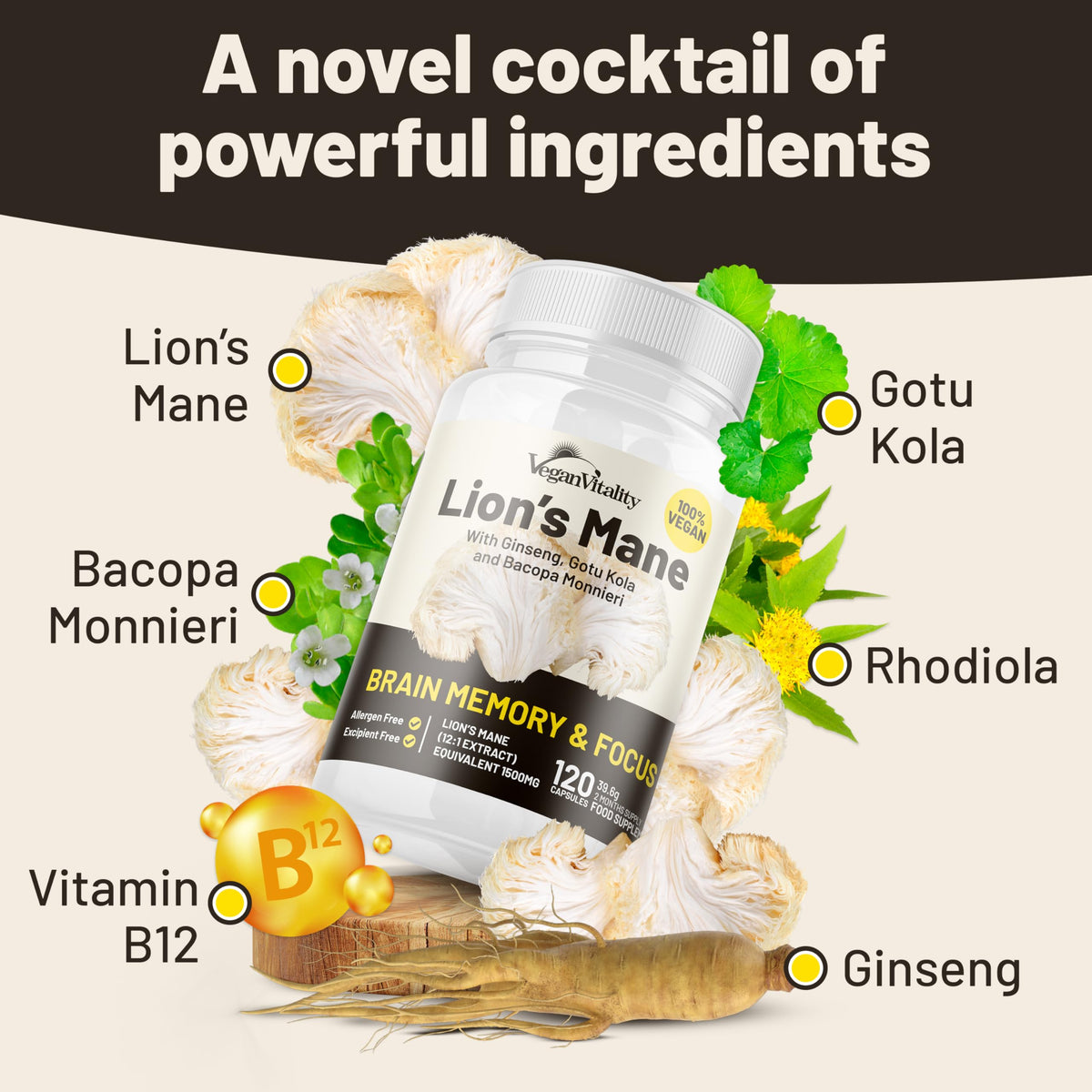 Vegan Vitality Lion's Mane Supplement Brain Support - 120 Capsules - image 2