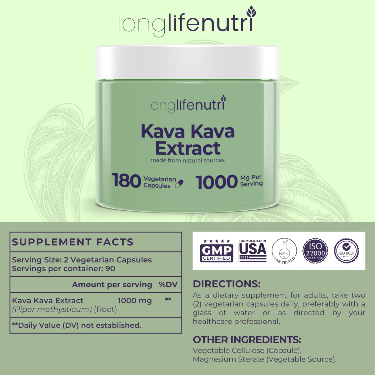 LongLifeNutri Kava Kava Extract 1000mg for Relaxation - 180 Vegetarian Capsules - image 2