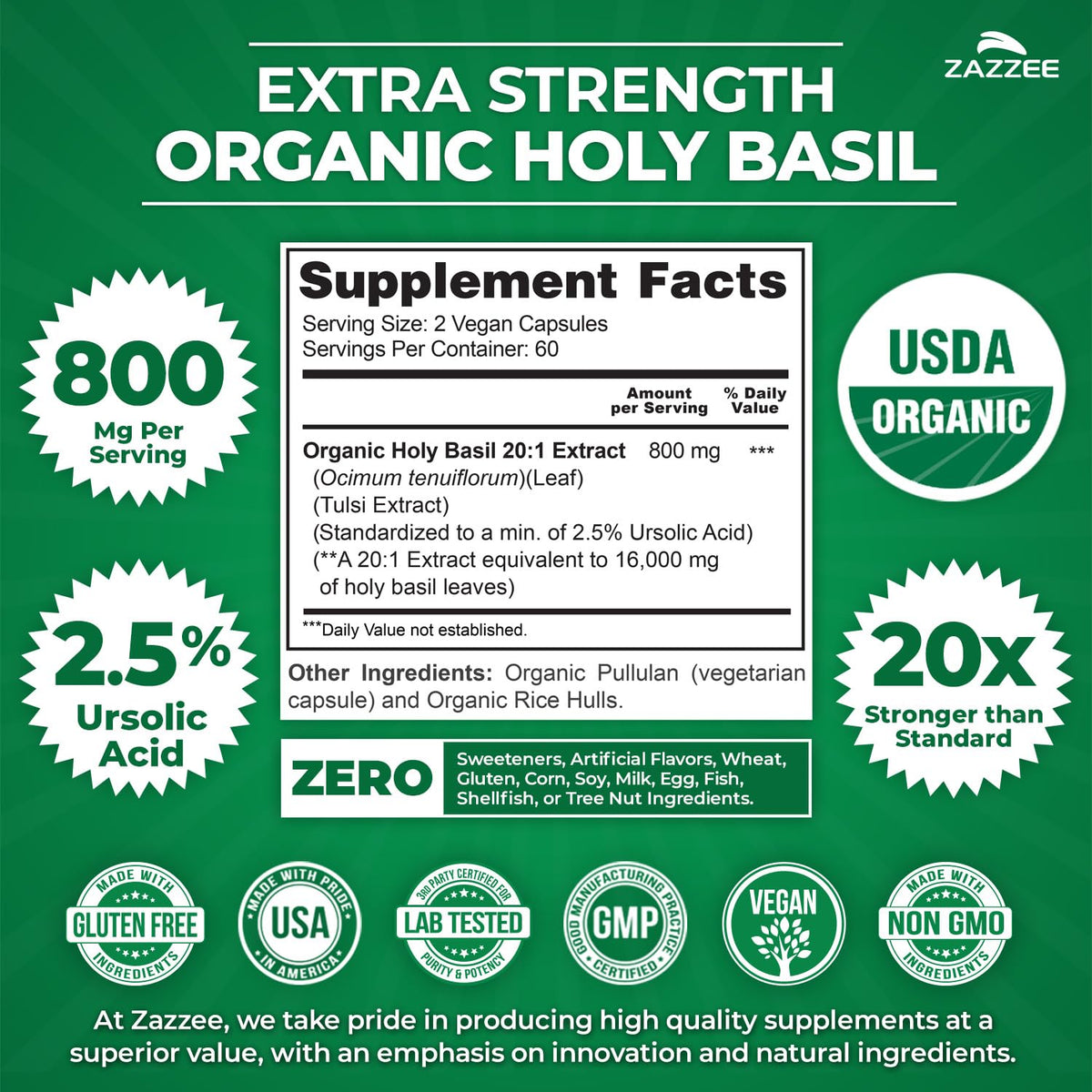 Zazzee USDA Organic Tulsi Holy Basil 20:1 Extract - 120 Capsules - image 3