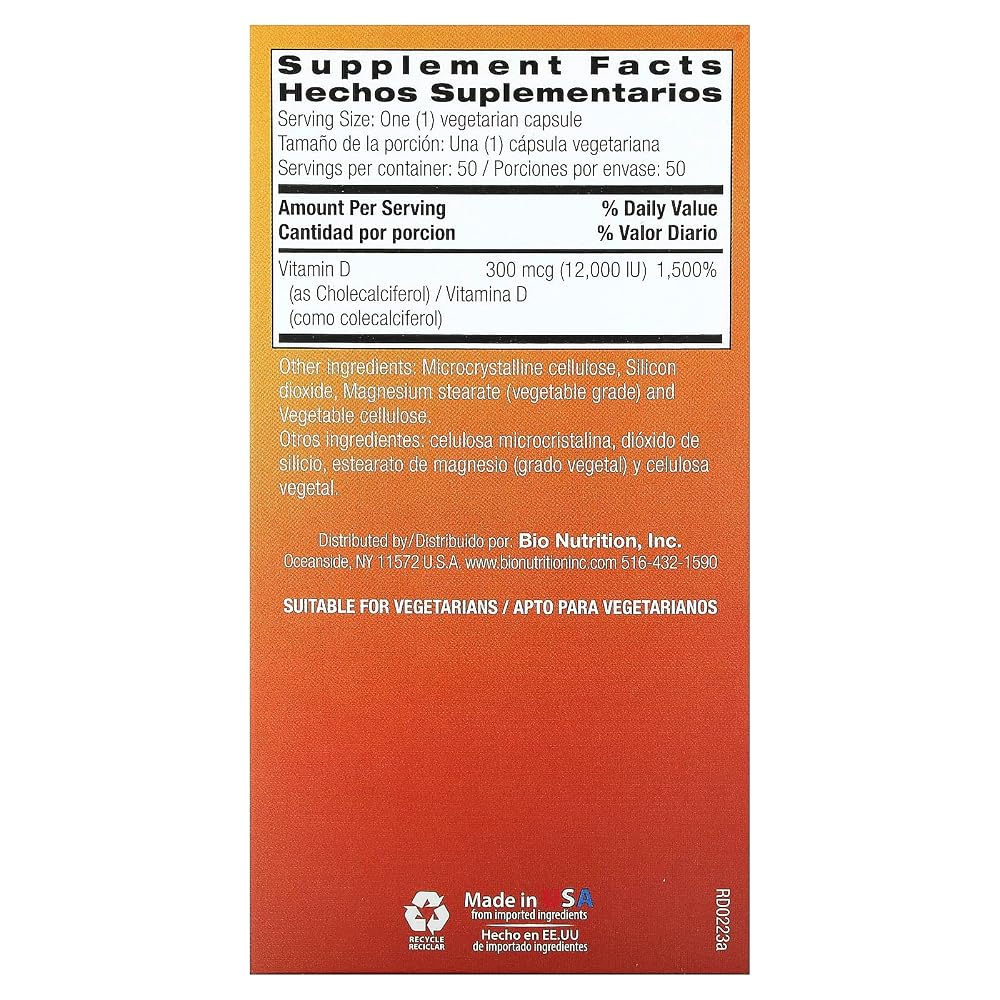 Bio Nutrition Vitamin D3 12000 IU - 50 Vegetarian Capsules - image 2