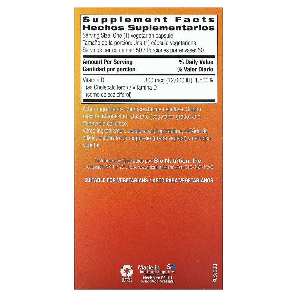 Bio Nutrition Vitamin D3 12000 IU - 50 Vegetarian Capsules - image 2