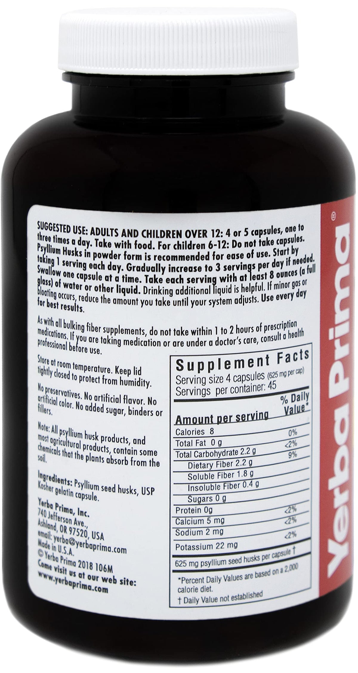 Yerba Prima Psyllium Husks Caps Dietary Fiber 625 mg - 180 Capsules - image 3