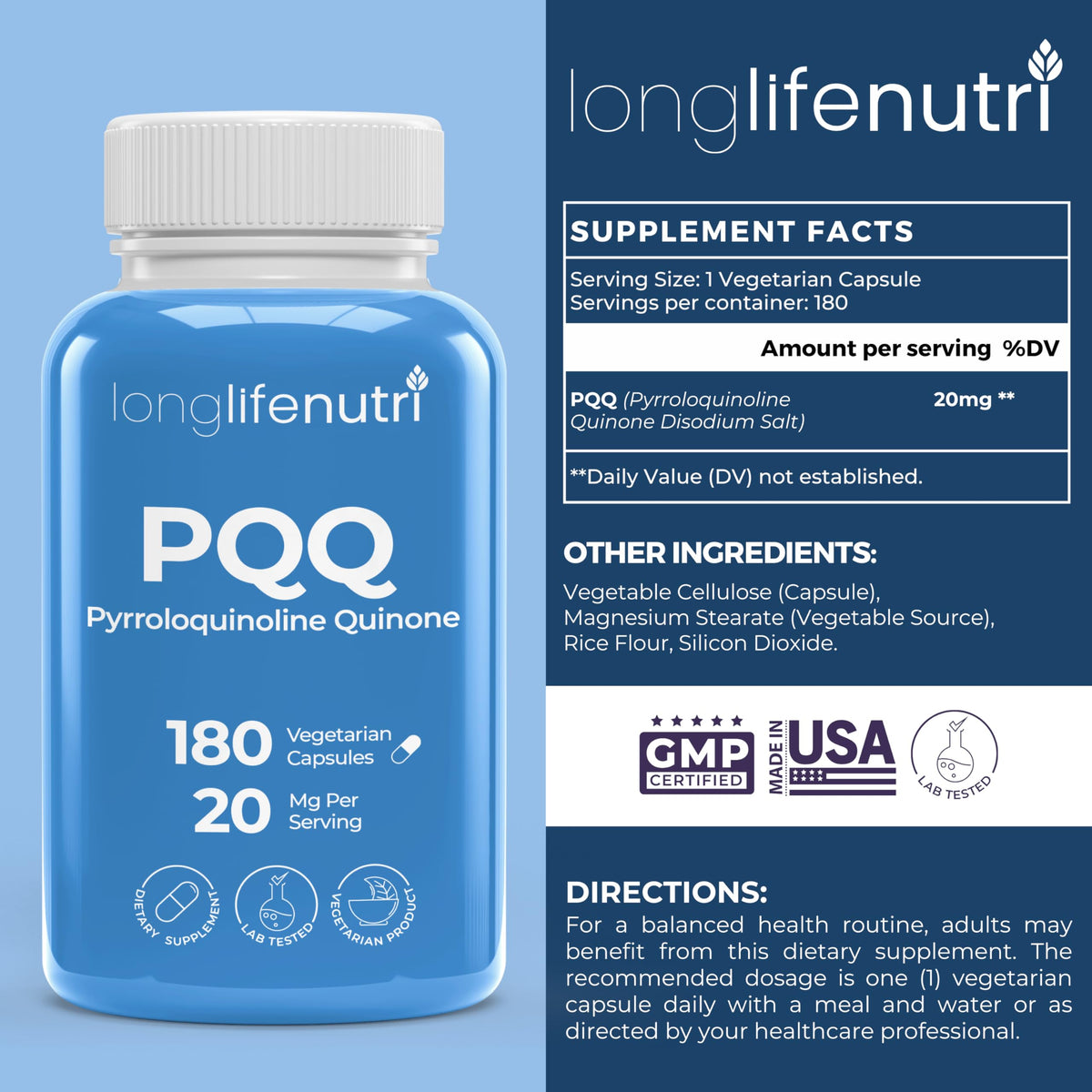 LongLifeNutri PQQ 20mg Energy & Mental Performance - 180 Vegetarian Capsules - image 2
