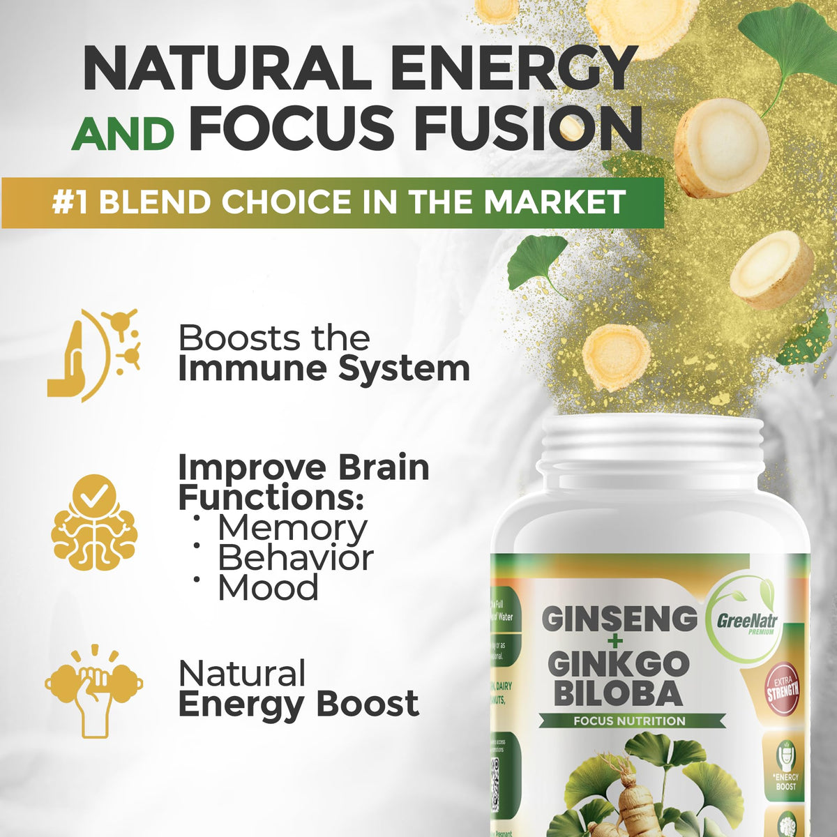 GreeNatr Ginkgo Biloba & Panax Ginseng Brain Supplement - 120 Tablets - image 3