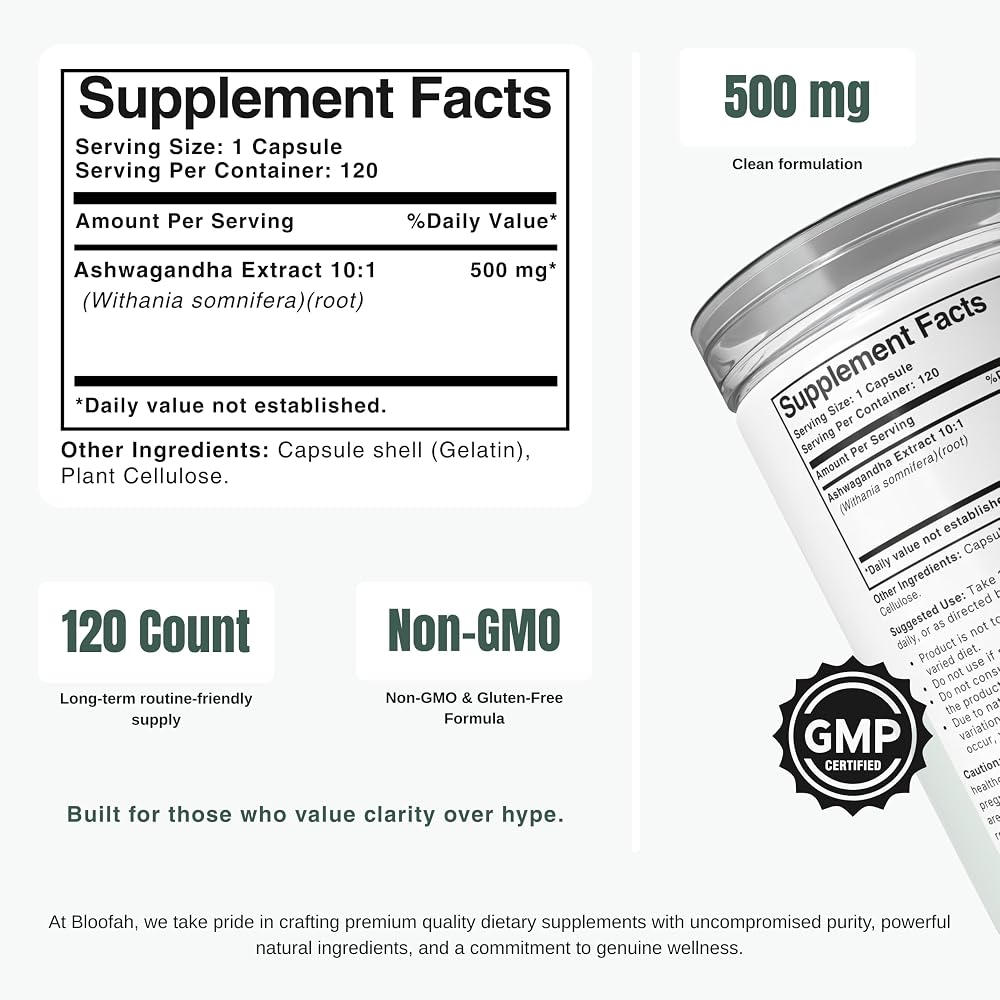 Bloofah Ashwagandha 500mg Capsules for Daily Calm - 120 Count - image 2