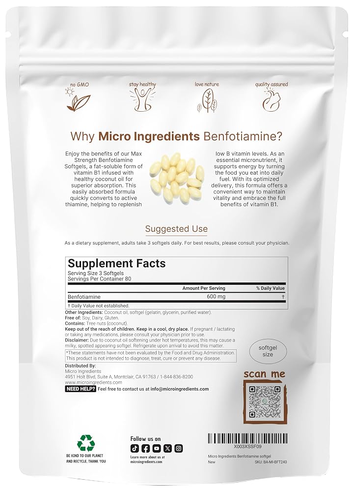 Micro Ingredients Vitamin B1 Benfotiamine 600mg - 240 Softgels - image 2