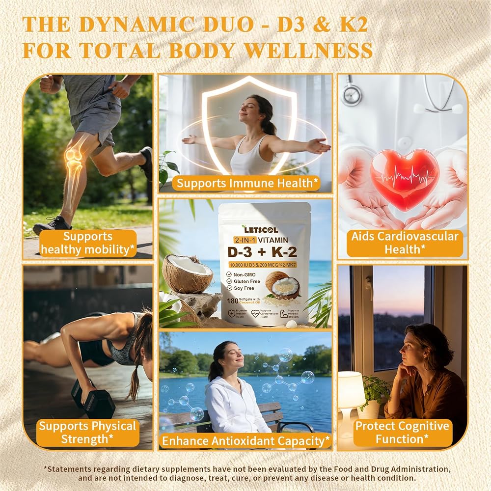 LETSCOL 2-in-1 Vitamin D3 K2 Supplement Softgel