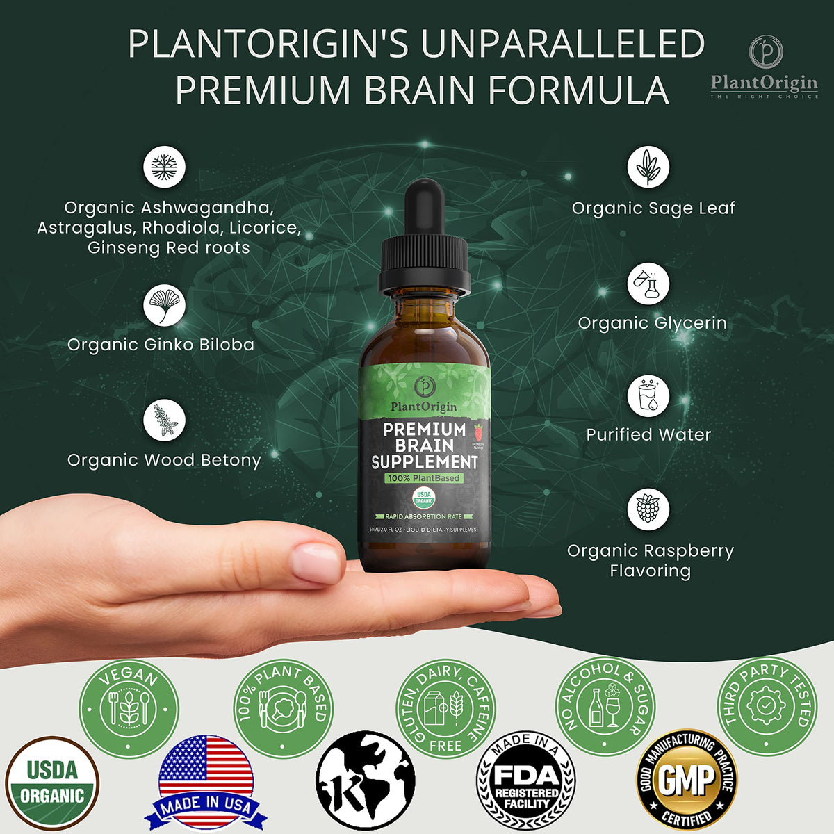 PLANTORIGIN Organic Brain Supplement Liquid Drops for Focus & Memory - image 2