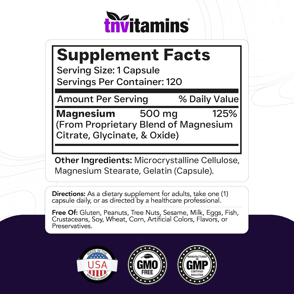 TNVitamins Triple Magnesium Complex 500mg - 120 Capsules - image 2