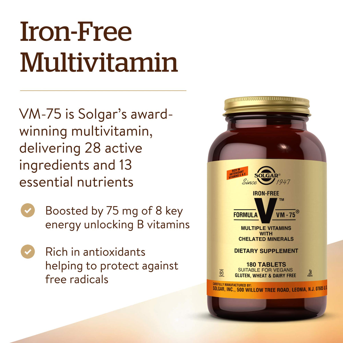 Solgar Iron-Free Formula VM-75 Multivitamin - 180 Tablets - image 3